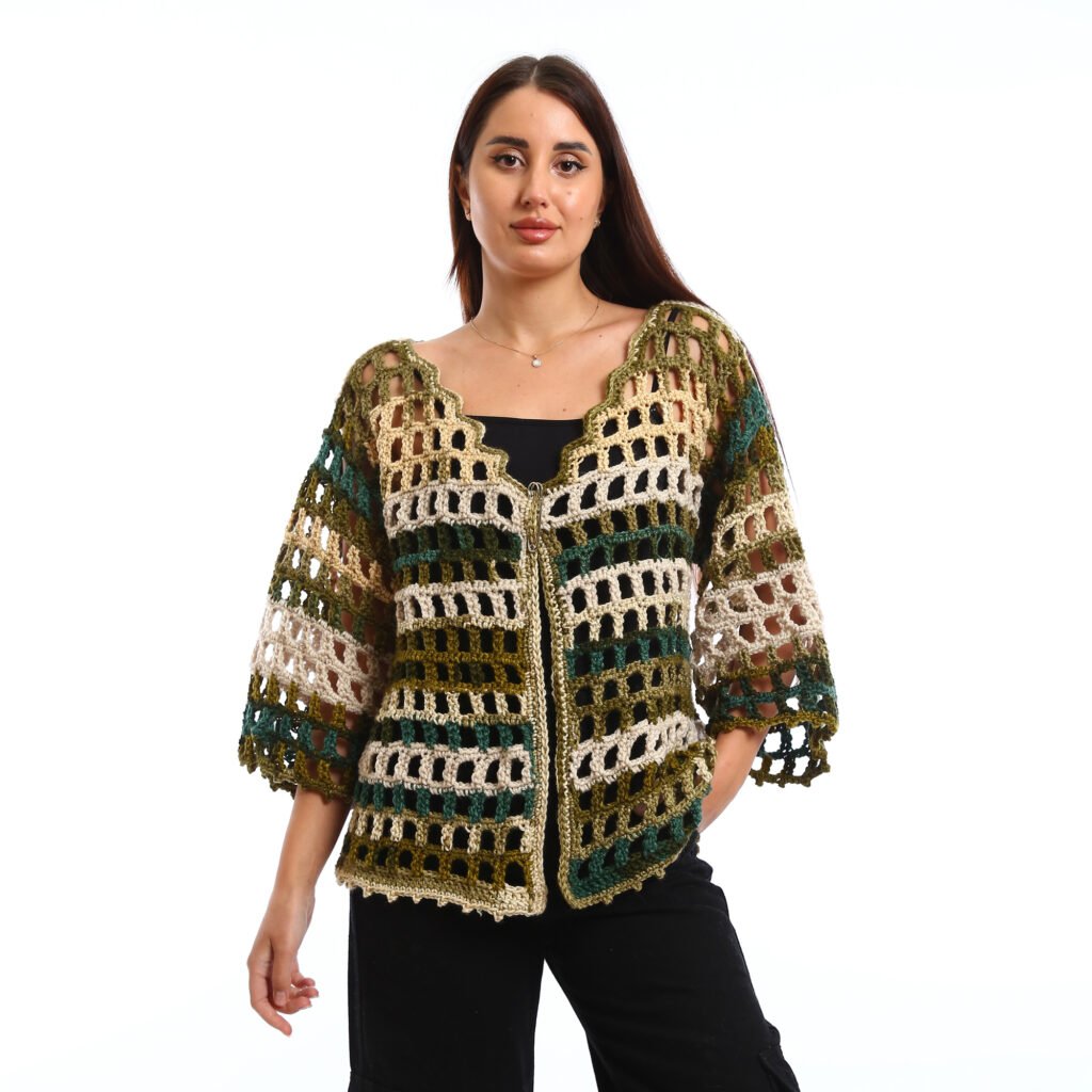 Open-knit crochet striped cardigan with a relaxed fit