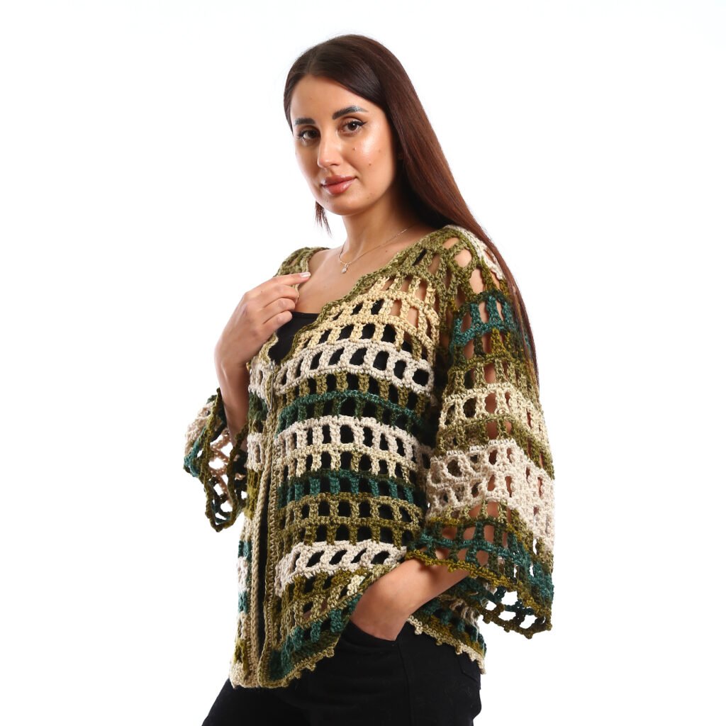 Open-knit crochet striped cardigan with a relaxed fit