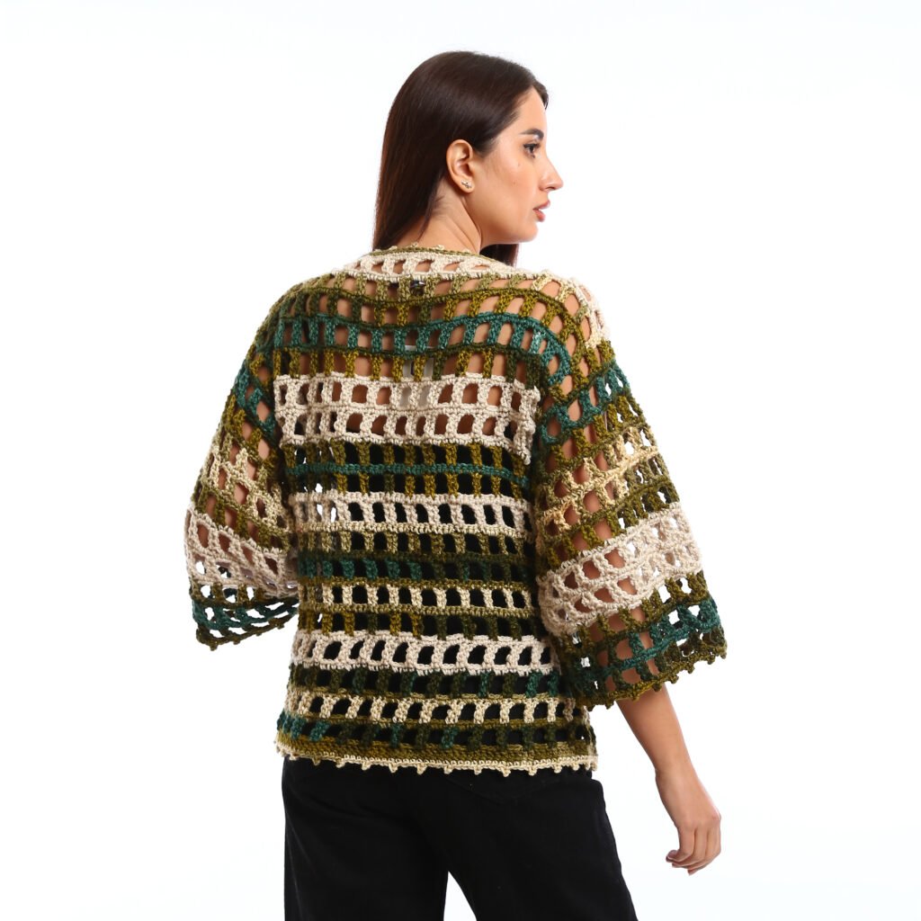 Open-knit crochet striped cardigan with a relaxed fit