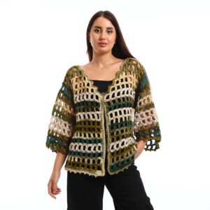 Open-knit crochet striped cardigan with a relaxed fit