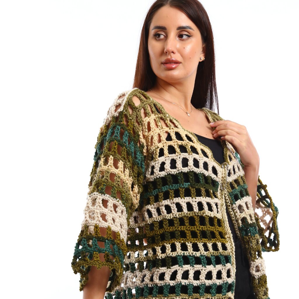 Open-knit crochet striped cardigan with a relaxed fit
