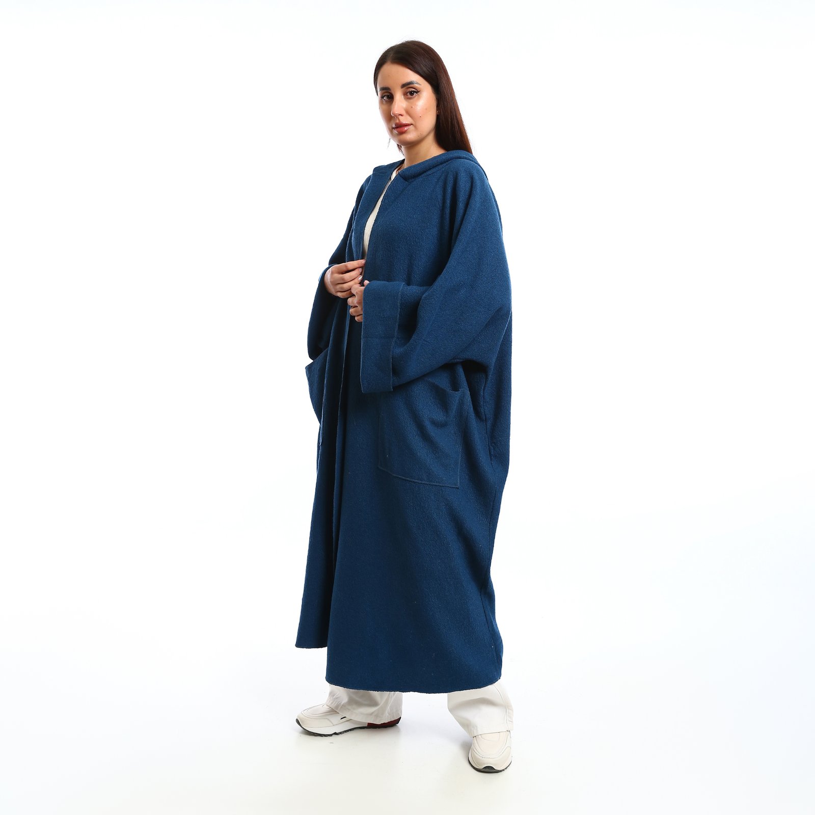 A long oversized hooded wool cardigan at front patch pockets - Image 4