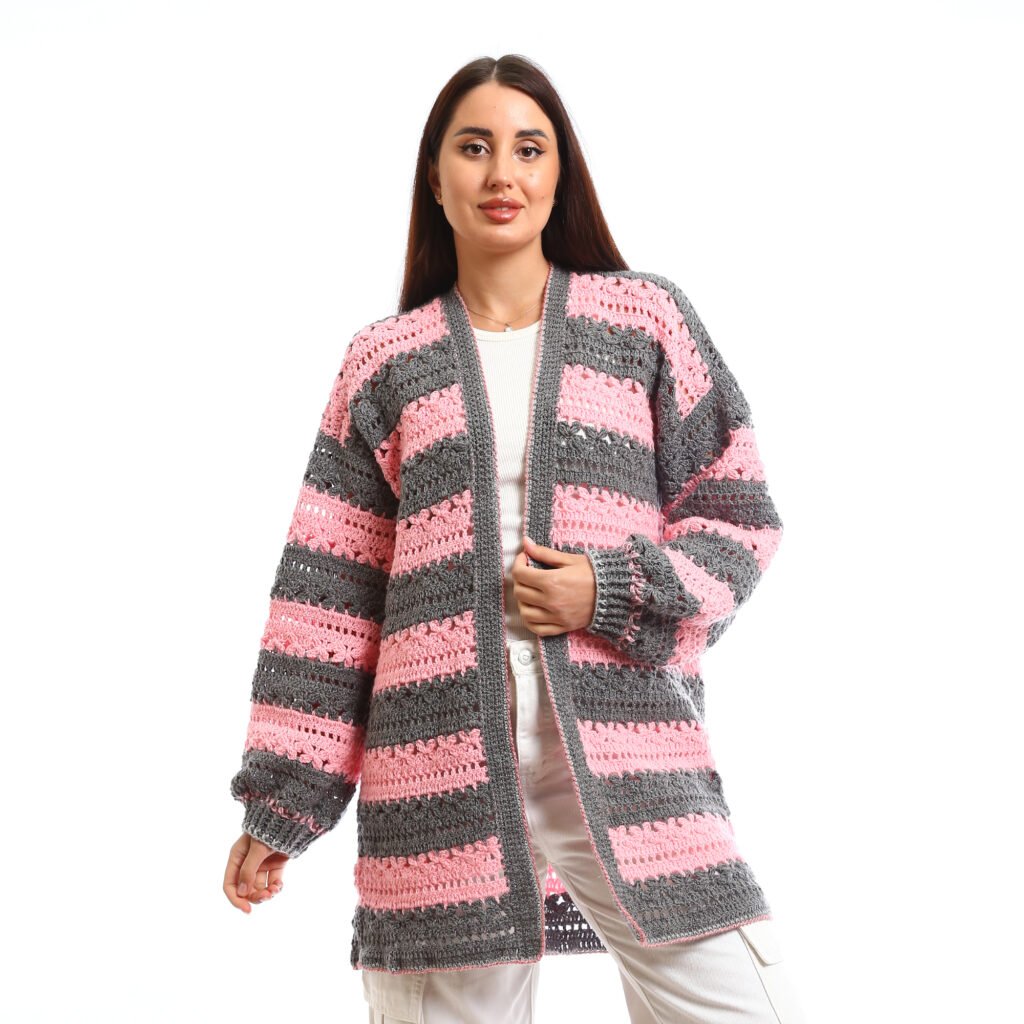 Handmade crochet open cardigan with horizontal stripes