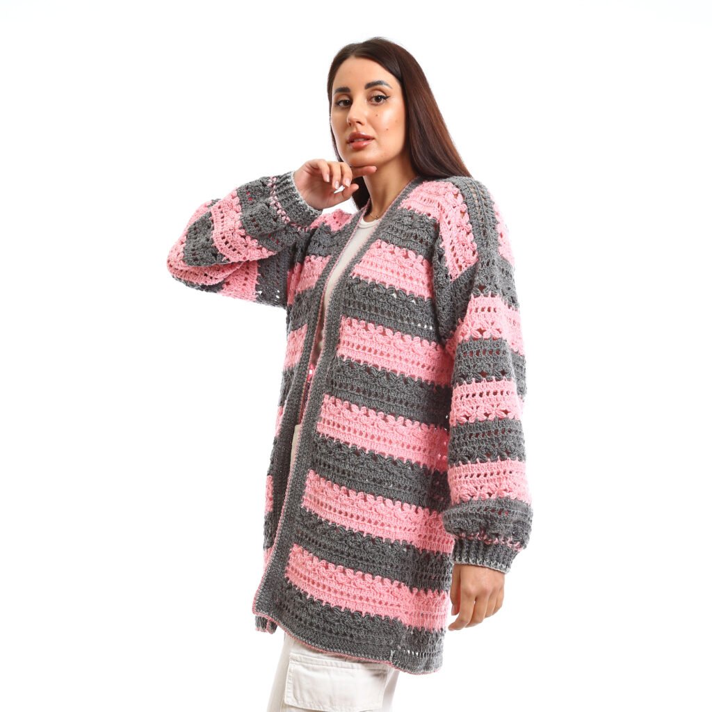Handmade crochet open cardigan with horizontal stripes