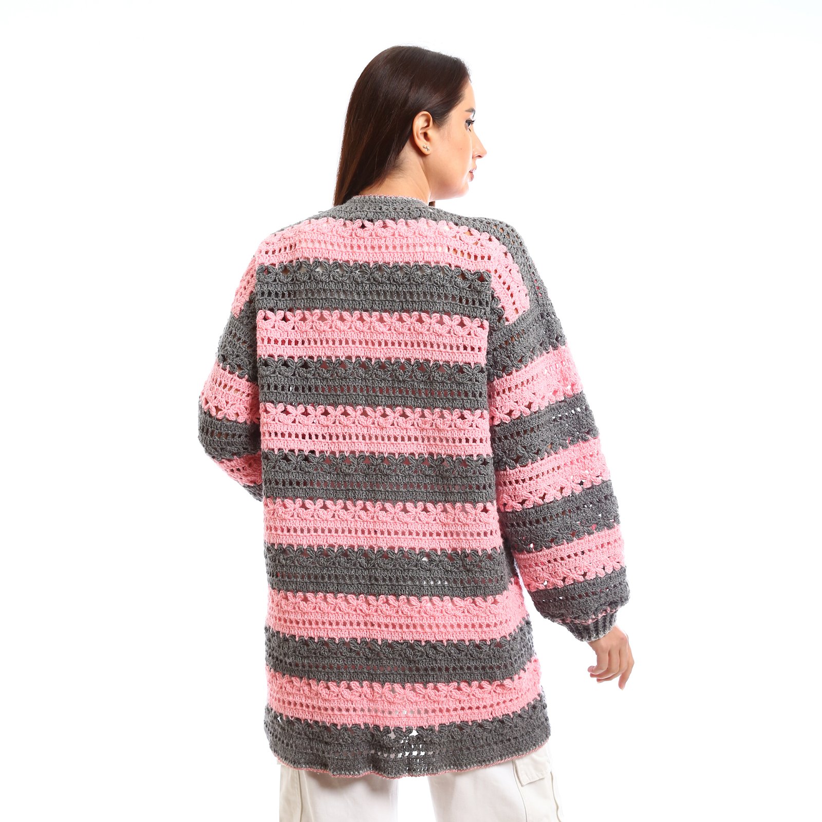 Handmade crochet open cardigan with horizontal stripes - Image 2