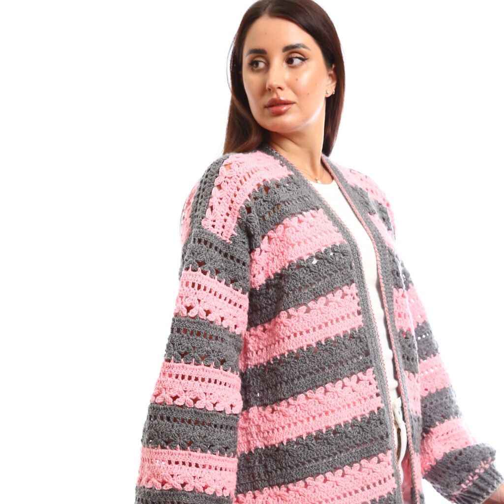 Handmade crochet open cardigan with horizontal stripes
