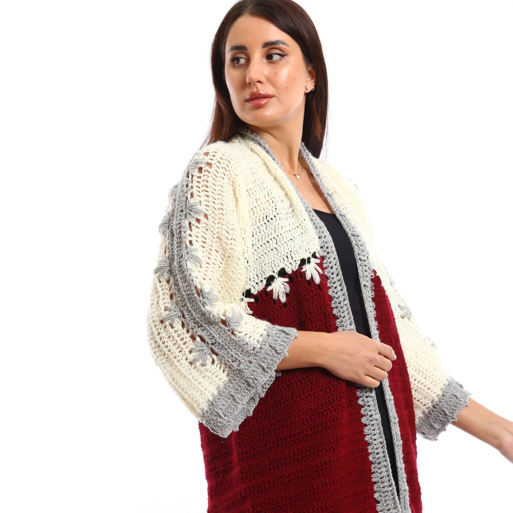 Crocheted open cardigan decorative stitching flared sleeves