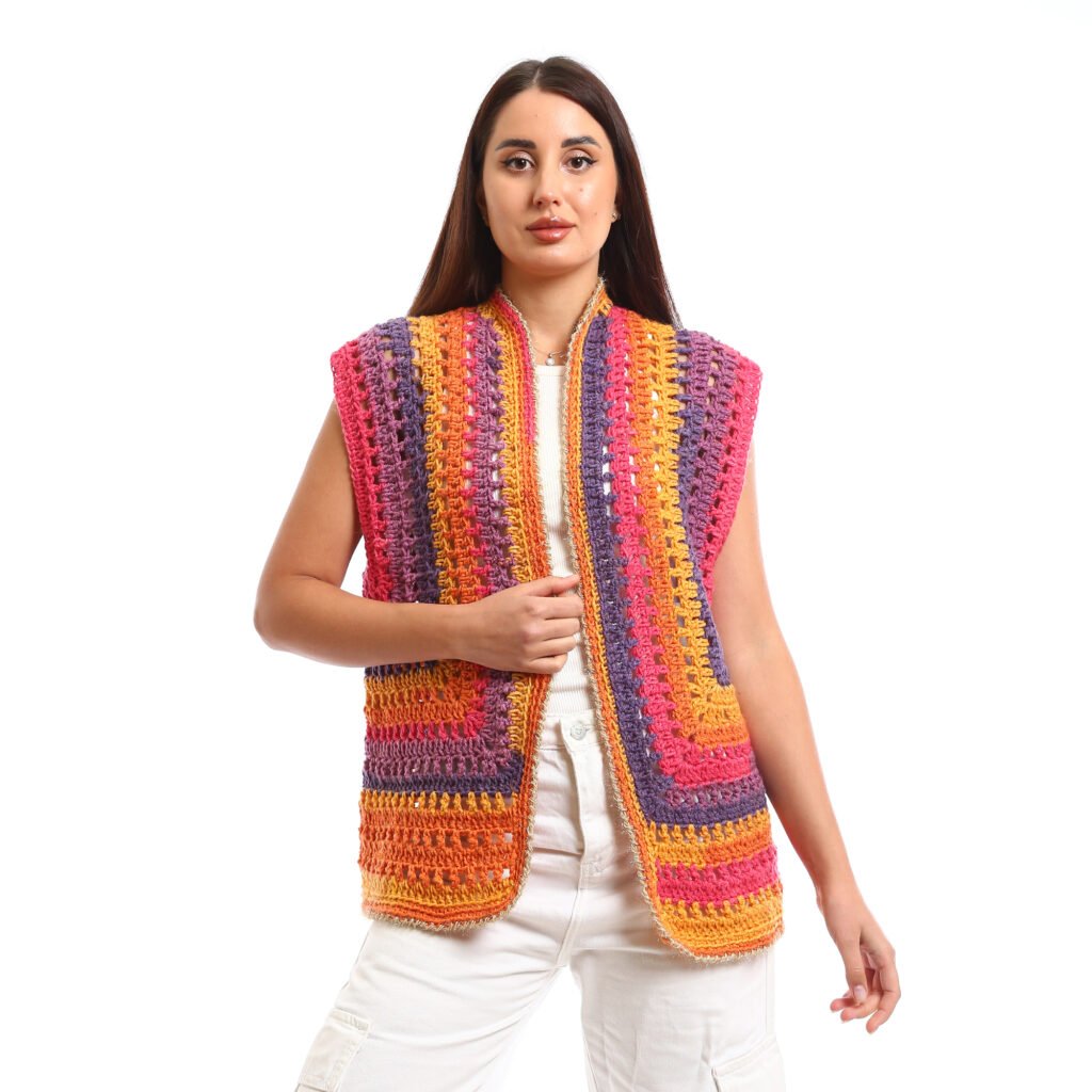 A colorful crocheted sleeveless open vest striped