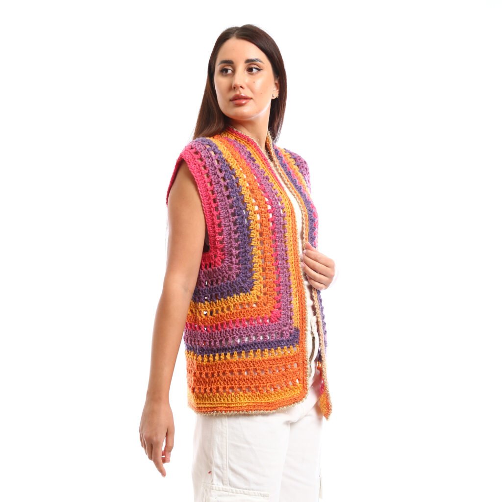 A colorful crocheted sleeveless open vest striped