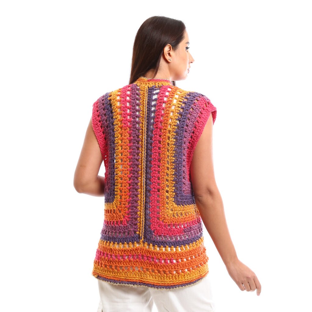A colorful crocheted sleeveless open vest striped