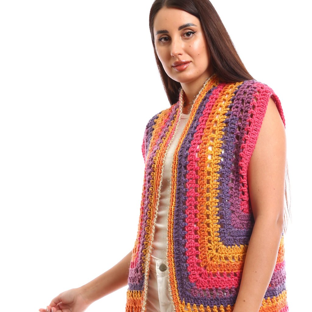 A colorful crocheted sleeveless open vest striped