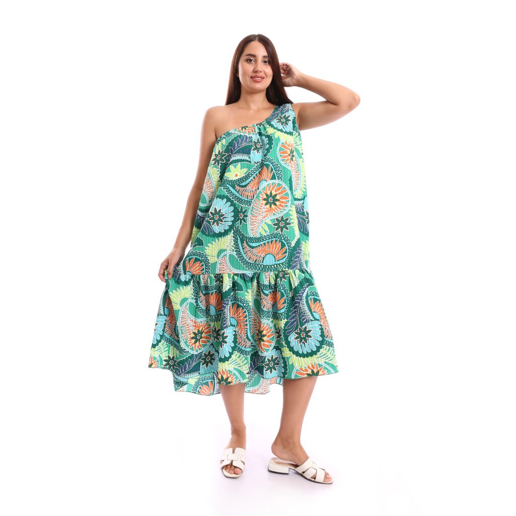 One shoulder comfy elegant midi Beach dress ruffle hem