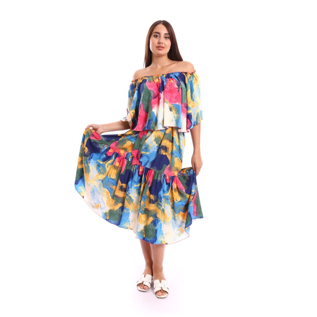 Off shoulder comfy elegant midi Beach dress ruffle hem