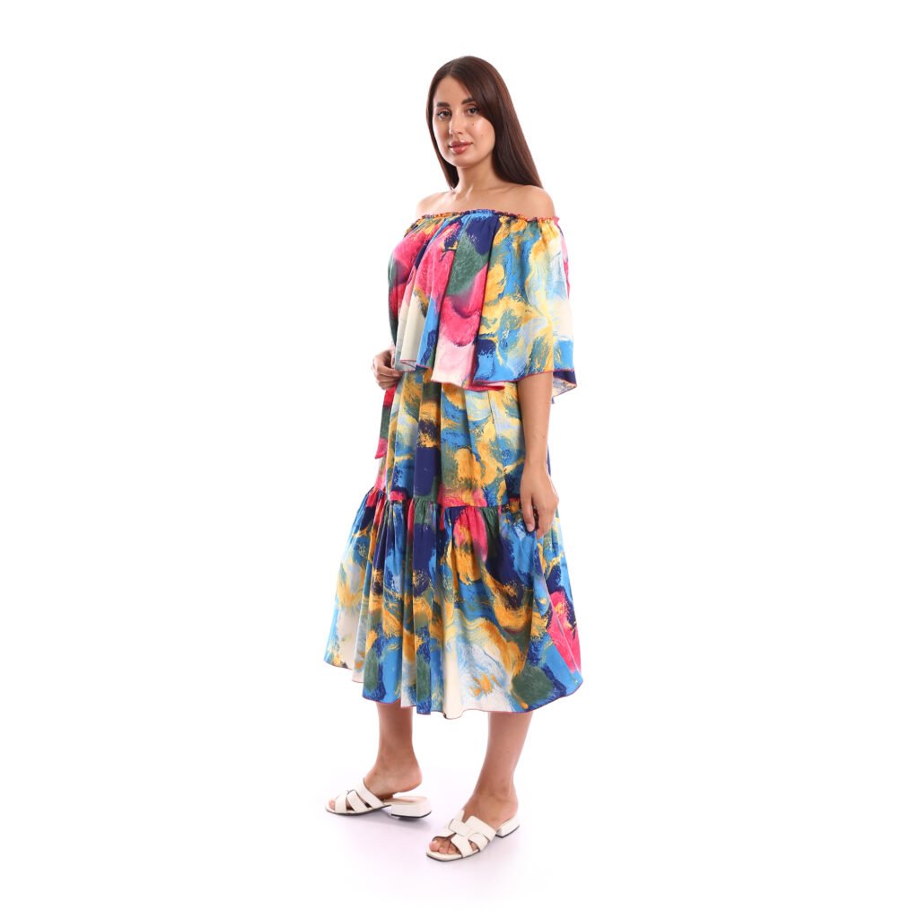 Off shoulder comfy elegant midi Beach dress ruffle hem
