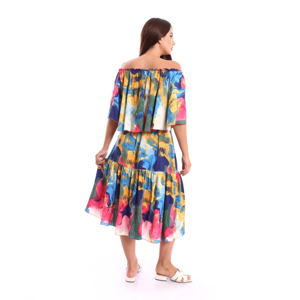 Off shoulder comfy elegant midi Beach dress ruffle hem