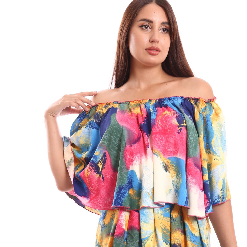 Off shoulder comfy elegant midi Beach dress ruffle hem
